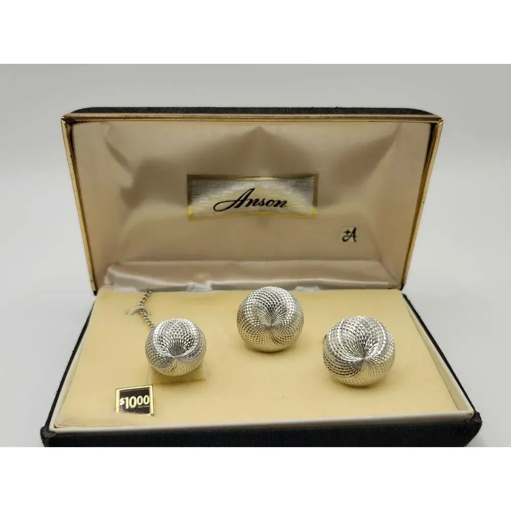 Vintage Anson Swirled Dome Silver Cufflink and Tie Clip Set, NEW OLD STOCK